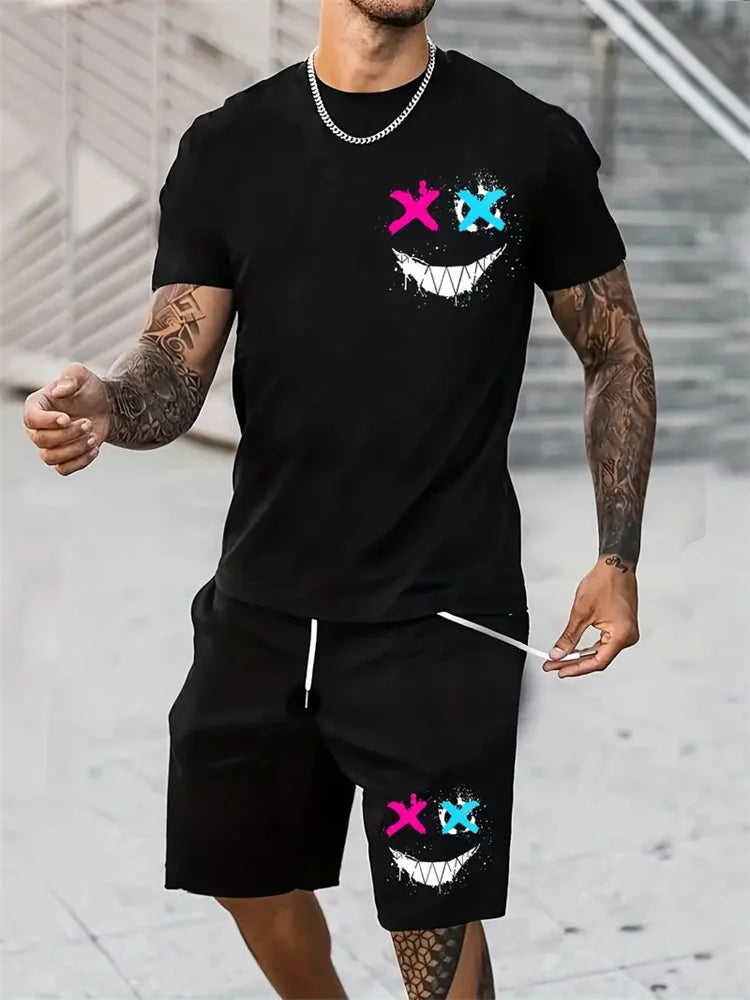 2025 Men's Fashion T-shirt Shorts Set Fun Printed Sportswear Two Piece Set Summer Oversized Men's Casual Hip Hop Street Wear M-3