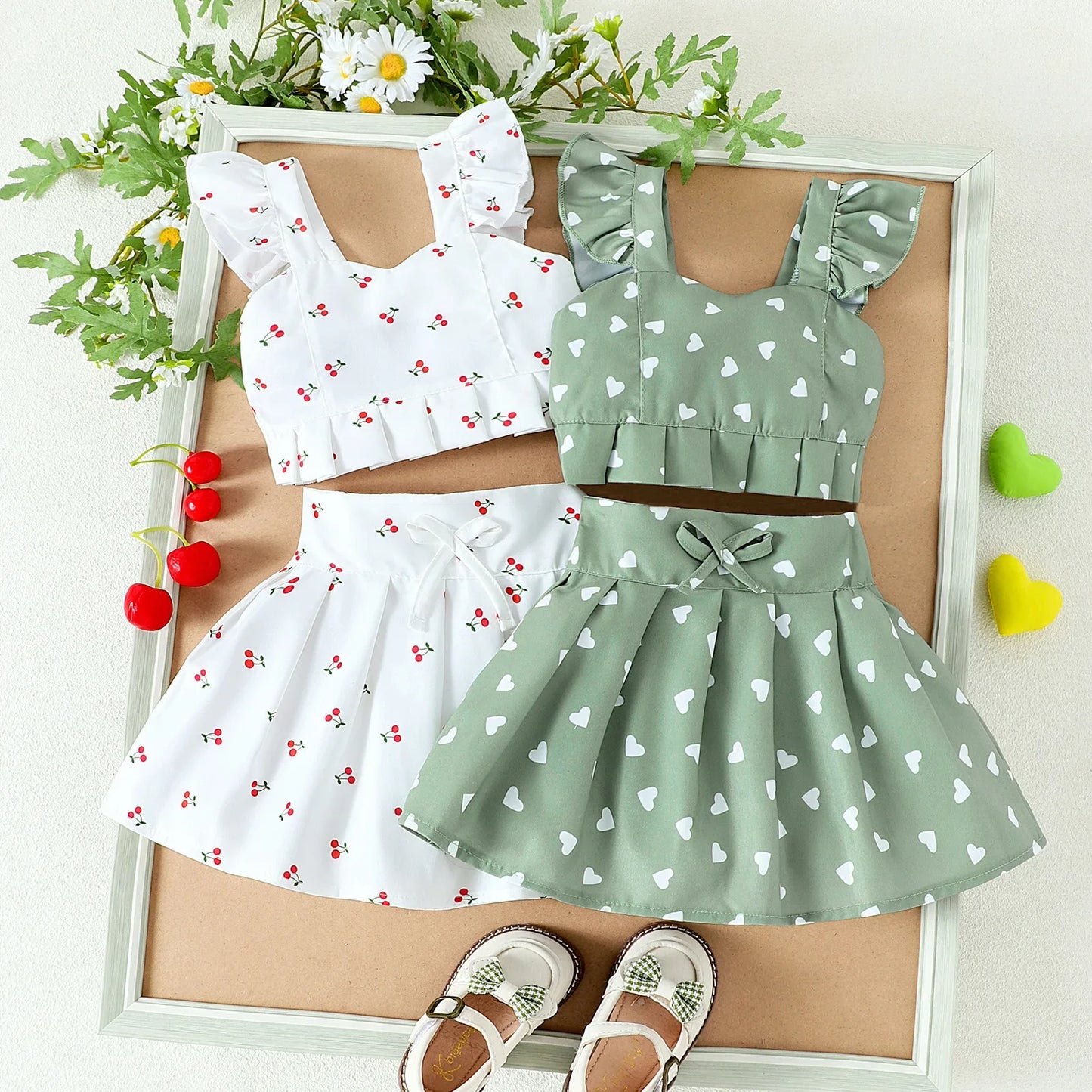 2PCS Summer New Style Girls 1-4 Years Old Comfortable Sweet Cherry Love Pattern Top + Short Skirt Set Toddler Girl Clothes
