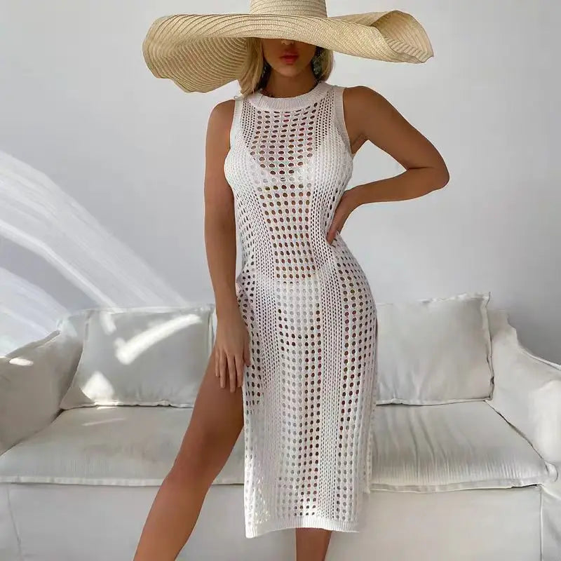 Abrini Women Hollow Out Crochet Cover Up Swimwear Sleeveless Bikini Dress Smock Split Sexy Beach Knitwear Solid Swimsuit