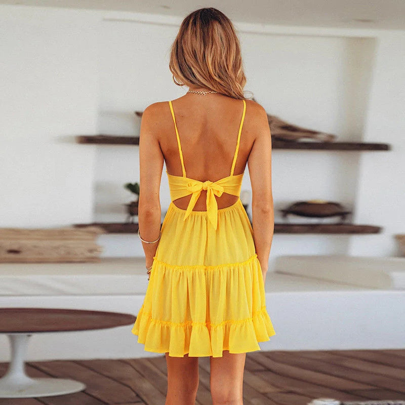 Women Summer Dress Solid Color Crochet Spaghetti Strap V-Neck Backless Tied Braces Short Dress for Girls White