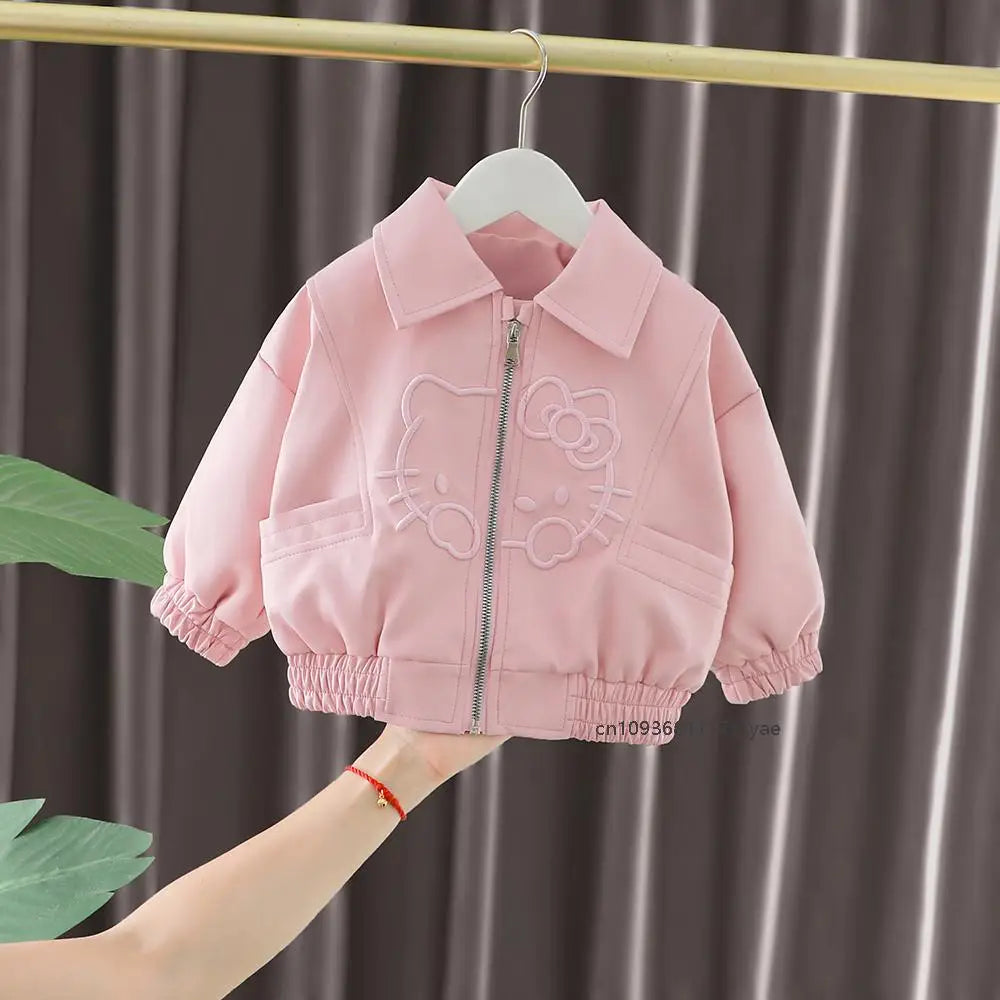 2025 Spring Hello Kitty Embroidery Toddler Girls Pu Leather Jackets Clothing Kawaii Zipper Jacket Outerwear Zipper Casual Coat