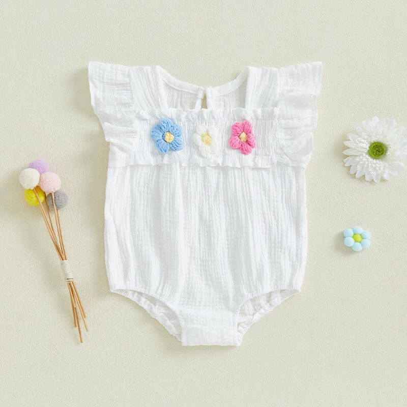 2025-01-02 Lioraitiin Baby Girl Romper Smocked Flower Embroidery Flying Sleeve Newborn Jumpsuit Perfect Summer