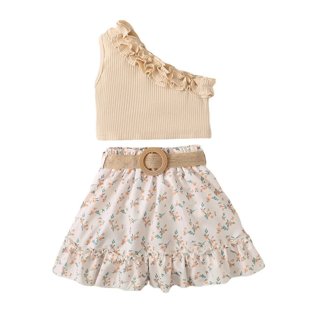 Kids Baby Girl Clothes Set Retro Off-Shoulder Top+ Flowers Skirt Summer Cute Sense Of Design Suit For Child Girl 1-6 Years