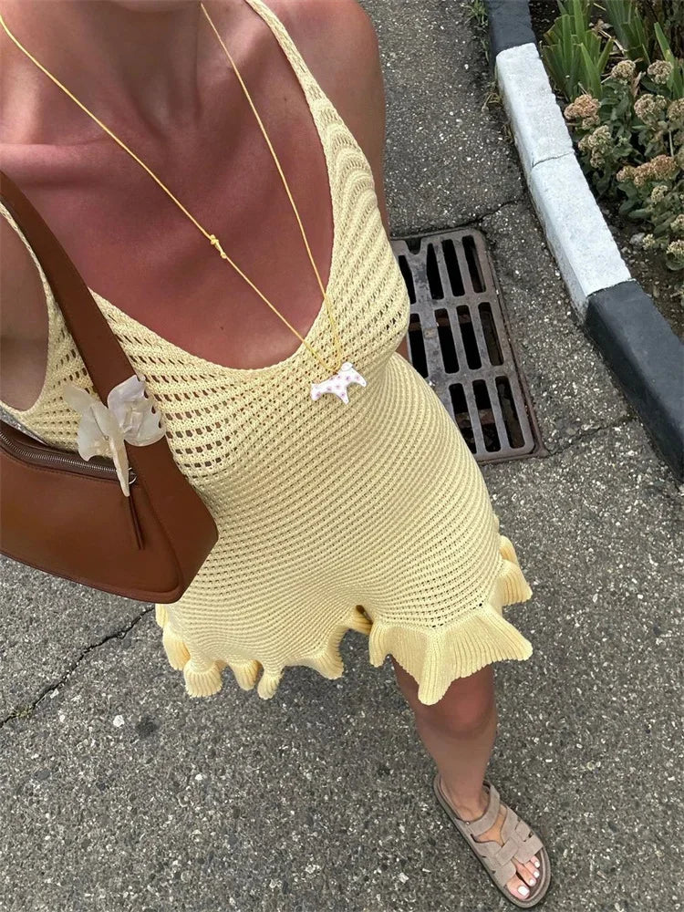 Tossy Knit Ruffled Hollow Out Mini Dress Female V-Neck See-Through Holiday Beach Casual Clothes Summer Women's Knitwear Dress