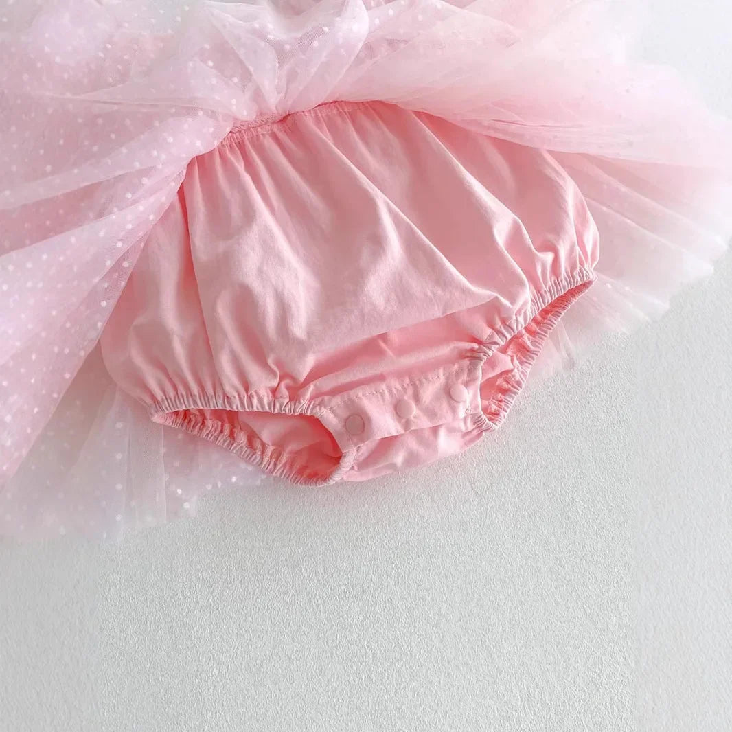 Girls' Bubble Sleeve Dress Summer Mesh Sweet Wave Point Princess Ha Yi Baby One Year Old jumpsuit Cake Dress