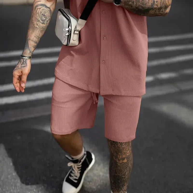 2024 Summer Solid Casual Losse Men's Sets Soft Single Breasted Shirts Shorts 2 Pieces Sets for Men Fashoin Polo Sweatpants Suit