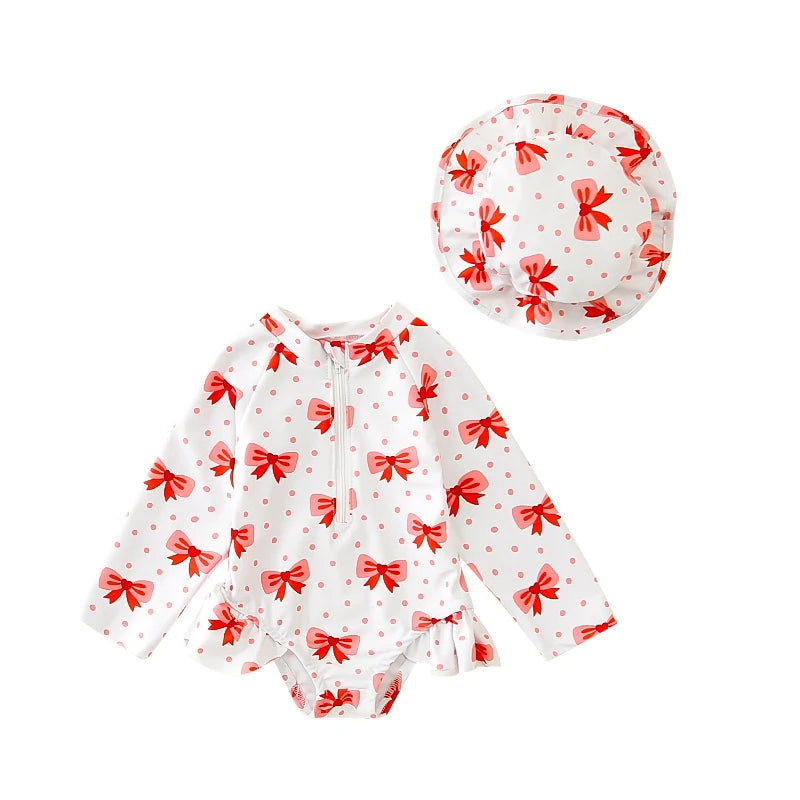 Toddler Baby Girls Rash Guard Swimsuits with Hat 2 Pcs Set Bow Pattern Zip Up Long Sleeve Crew Neck Baby Girls Swimwears
