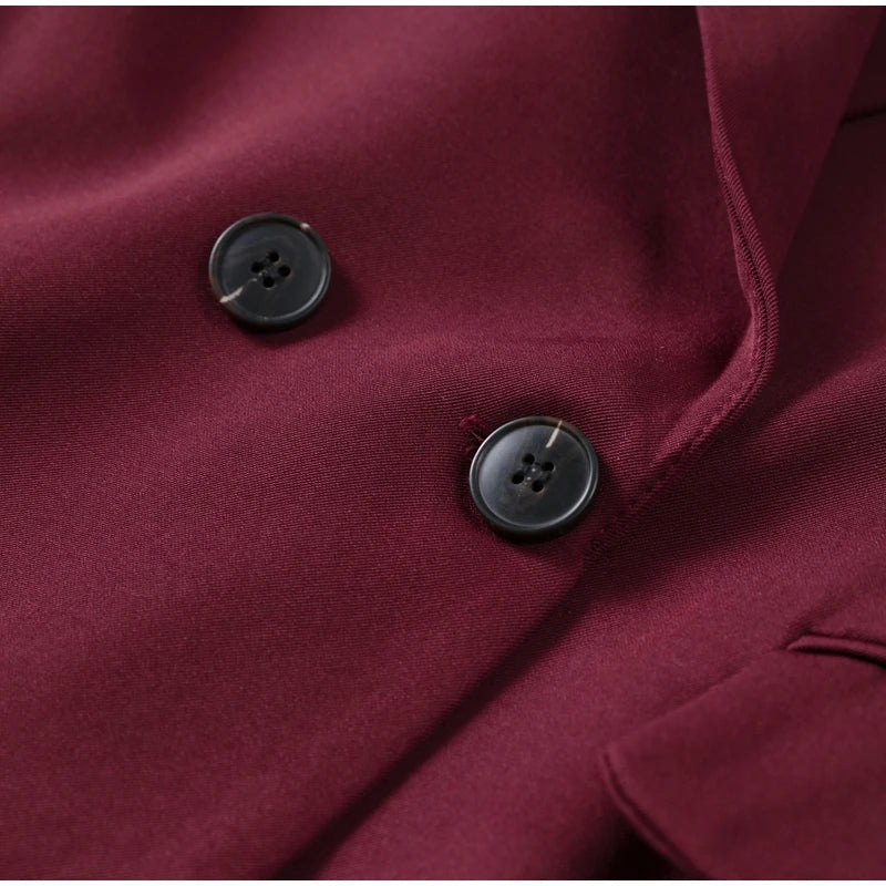 Vintage Women's Burgundy Blazers Elegant Lapel Double Breasted Pocket Full Sleeve Suit Jacket 2024 Autumn Lady Office Outwear