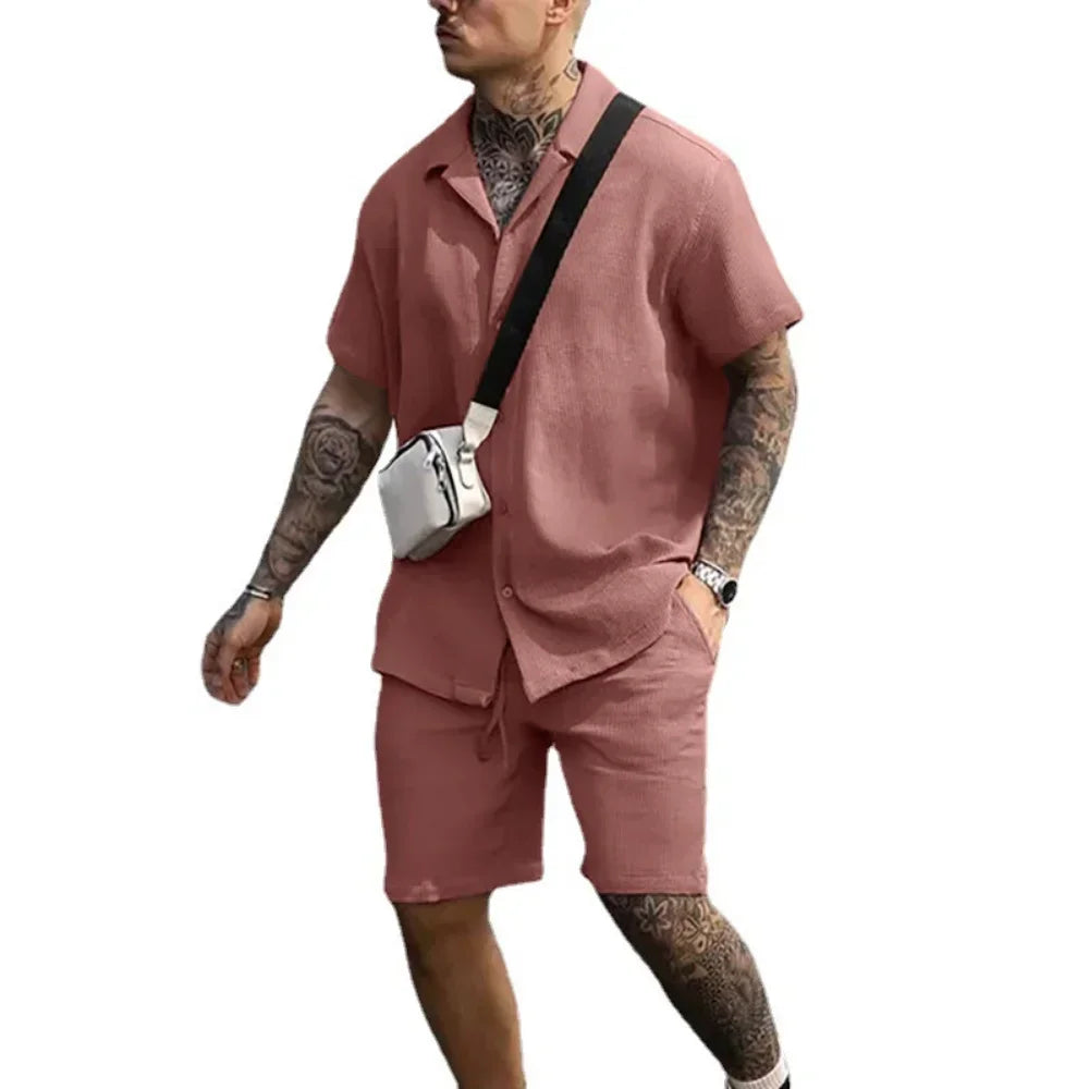 2024 Summer Solid Casual Losse Men's Sets Soft Single Breasted Shirts Shorts 2 Pieces Sets for Men Fashoin Polo Sweatpants Suit