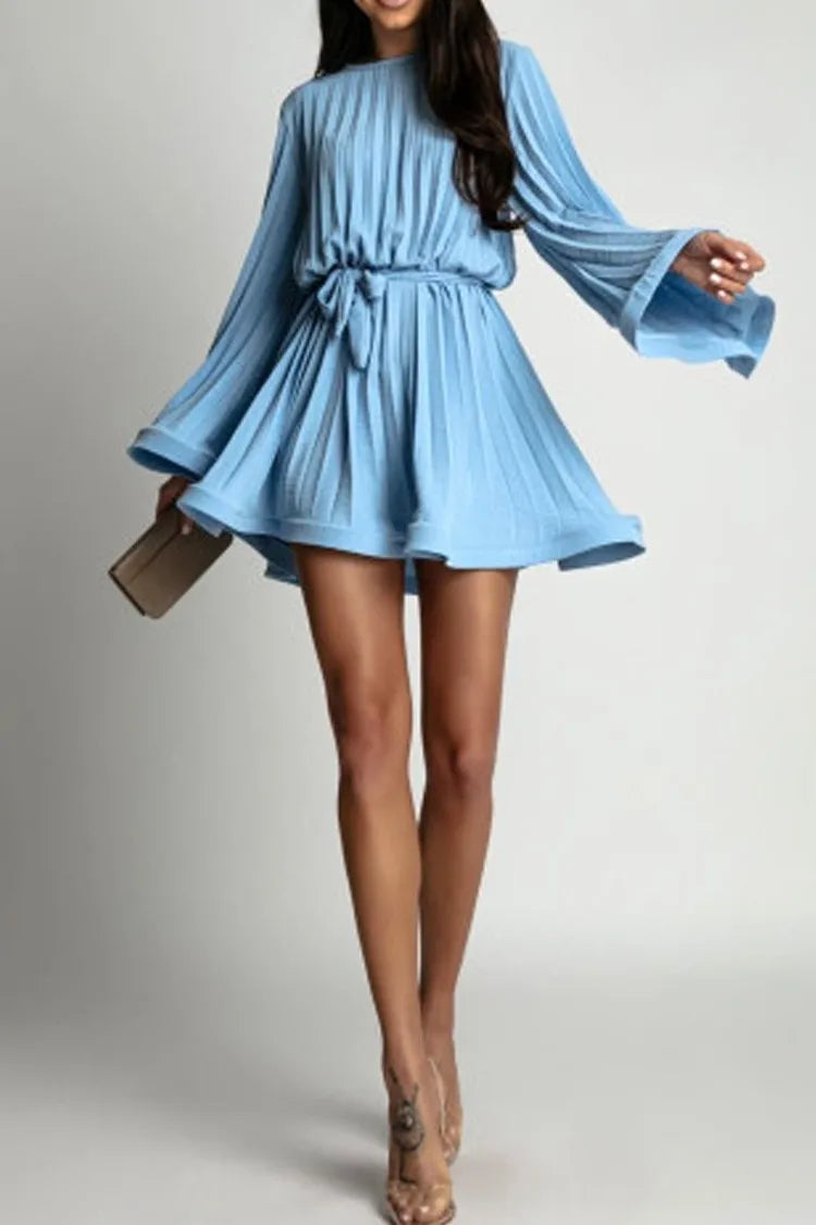Spring Autumn Elegant Pleated Dress Women Fashion Solid Round Neck Flared Sleeve Lace-up Pleated Mini Dress Women