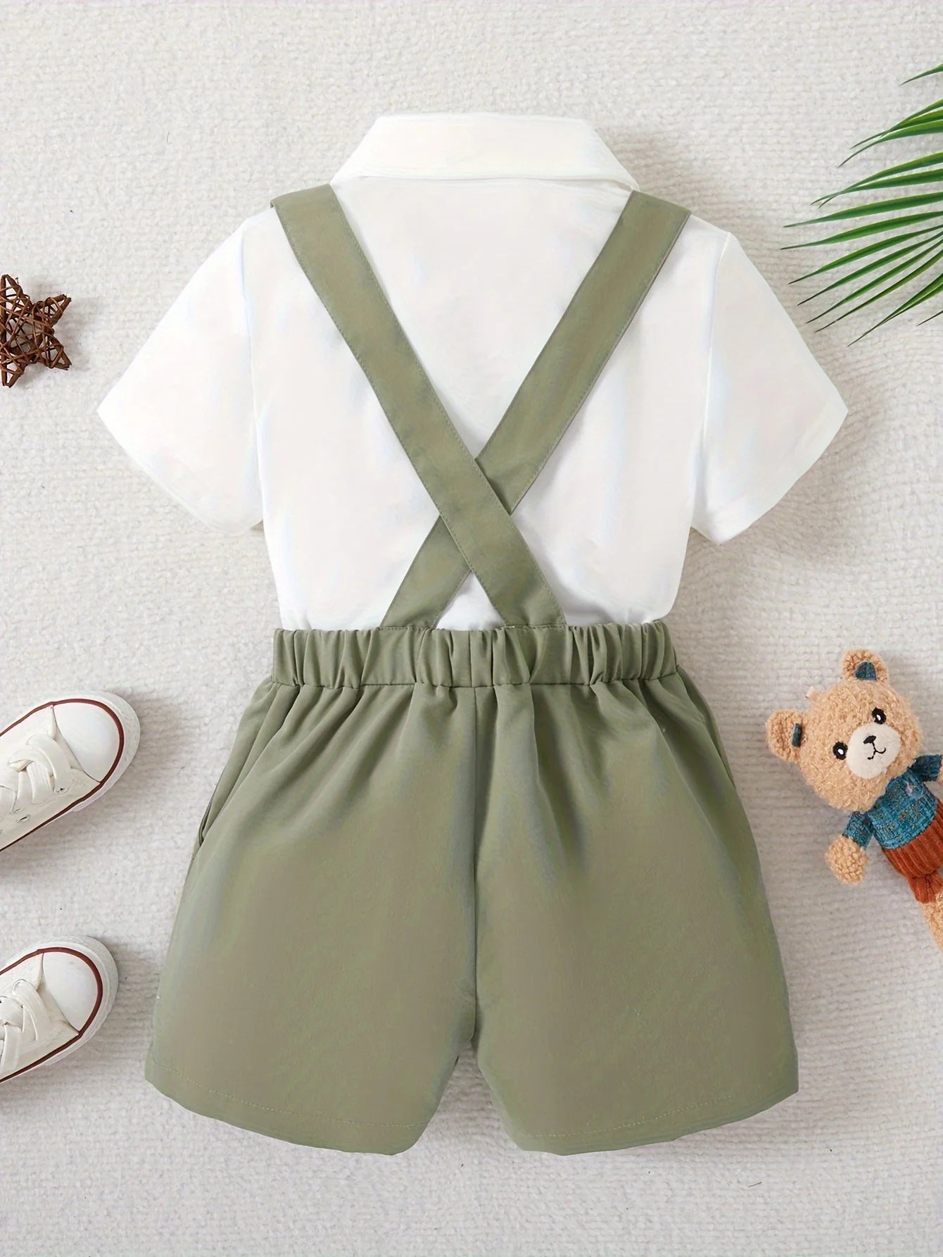 Boys Summer Set Bow Short sleeved Shirt and Strap Shorts Party Birthday Performance Gentleman Dress Set