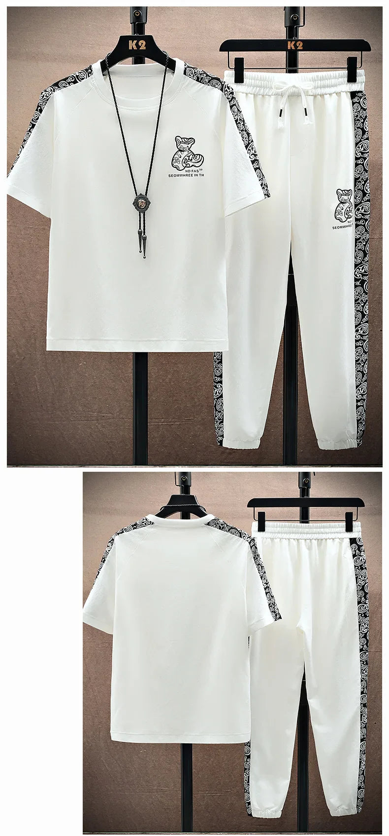 Summer Men's Trousers Tracksuit 2 Piece Set Fashion Tops Tees Ice silk Short Sleeve T Shirt+Pants Vintage Casual Sweatpants