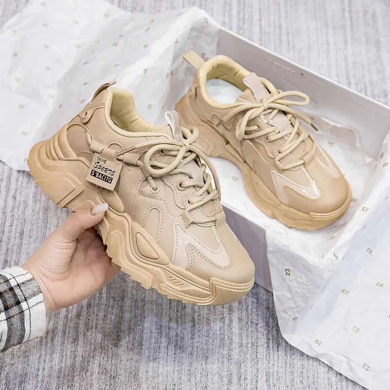 2025 Chunky Womens Leather Sneakers Casual Sports Shoes Female Solid Simple Vulcanized Shoes Luxury Brand Running Trainers Mujer