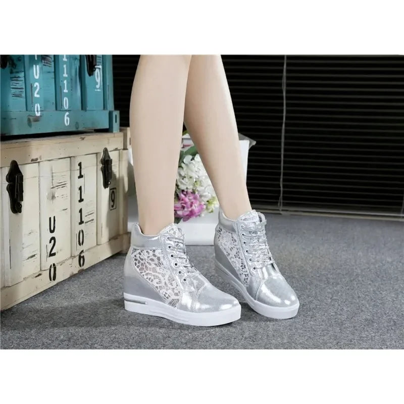 Women Wedge Platform Sneakers Rubber Leather High Heels Lace Up Shoes Pointed Toe Height Increasing Creepers White 2024