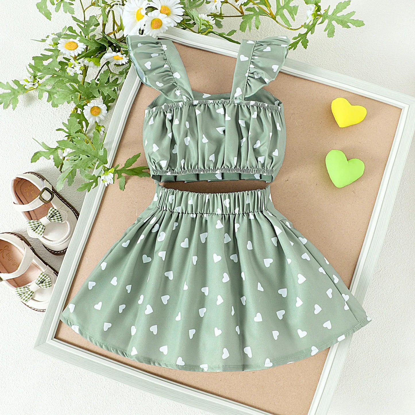 2PCS Summer New Style Girls 1-4 Years Old Comfortable Sweet Cherry Love Pattern Top + Short Skirt Set Toddler Girl Clothes