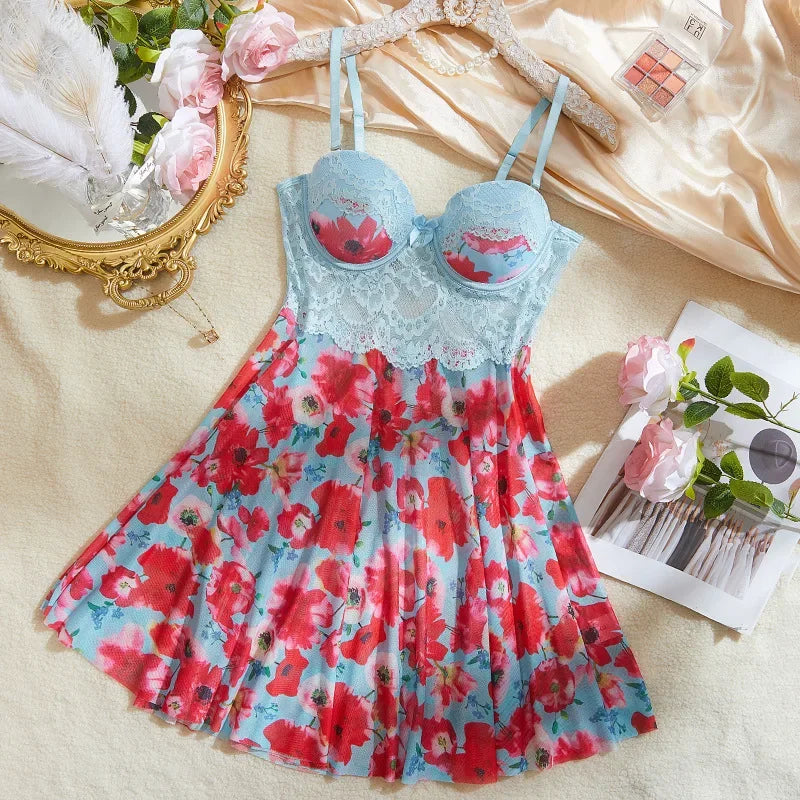 Sexy Nightgown Woman Print Floral Romantic Lingeries Attractive Sleepwear Summer Pajamas Intimate Babydoll New Dresses