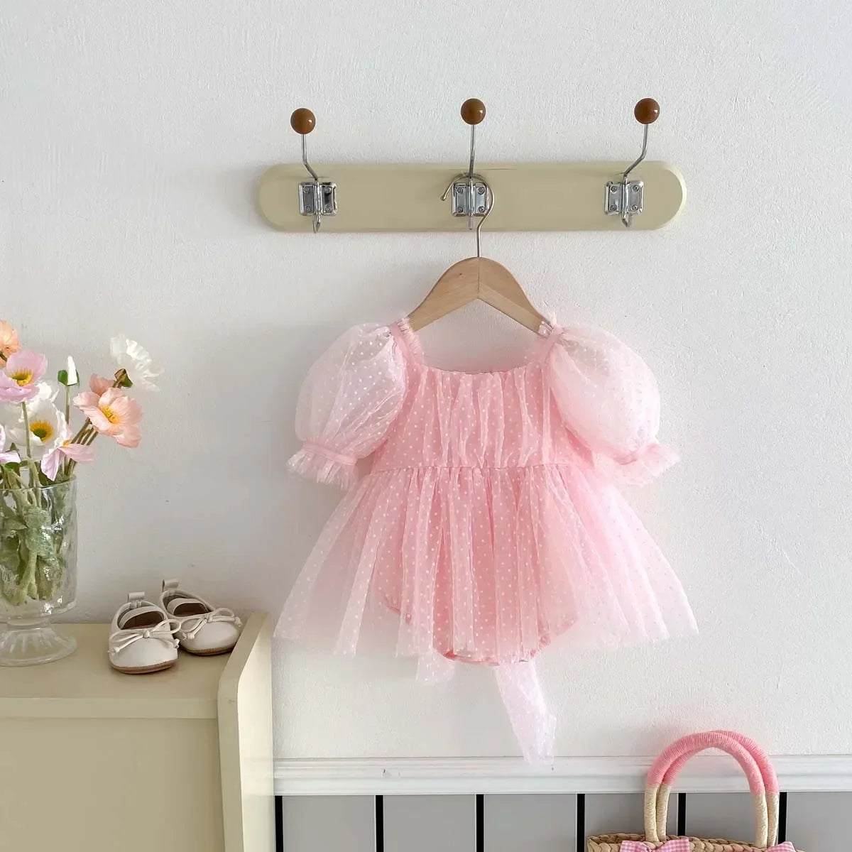 Girls' Bubble Sleeve Dress Summer Mesh Sweet Wave Point Princess Ha Yi Baby One Year Old jumpsuit Cake Dress