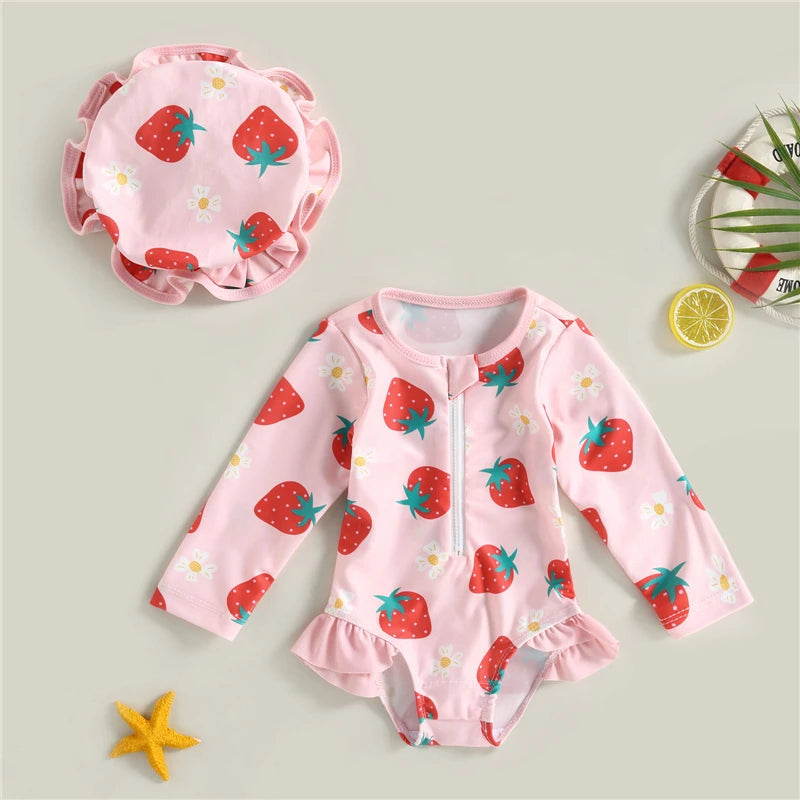 Toddler Infant Girls Swimsuit Cute Strawberry Floral Print Baby Girls Swimwear Summer Beachwear Children Bathing Suit Sun Hat