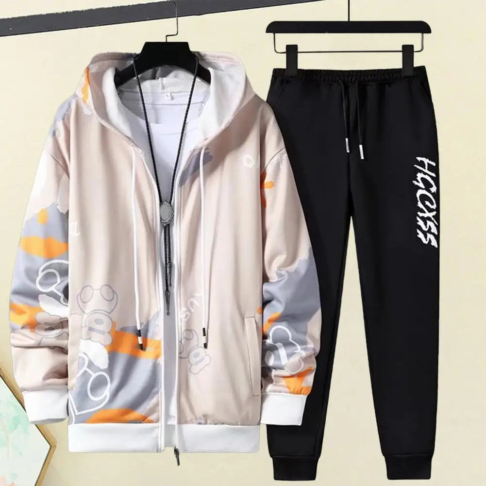 2 Pcs/Set Men Coat Pants Suit Hooded Letter Print Drawstring Loose Jogging Set Hip Hop Ankle-banded Men Sportwear Tracksuit