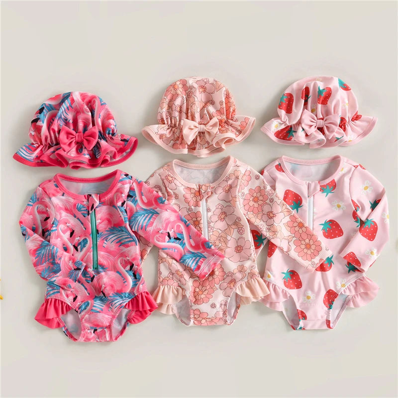Toddler Infant Girls Swimsuit Cute Strawberry Floral Print Baby Girls Swimwear Summer Beachwear Children Bathing Suit Sun Hat