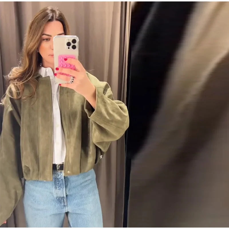 Fashion Brown Suede Bomber Jacket Women Elegant Zipper Lapel Long Sleeve Short Coats Female Vintage Street Chic Lady Outerwear
