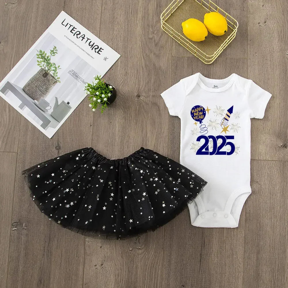 Hello 2025 Print 2 Piece Baby Girls Bodysuit Dress Set New Year Girl Short Sleeve Romper + Tutu Skirt Infant Dresses Set Outfit