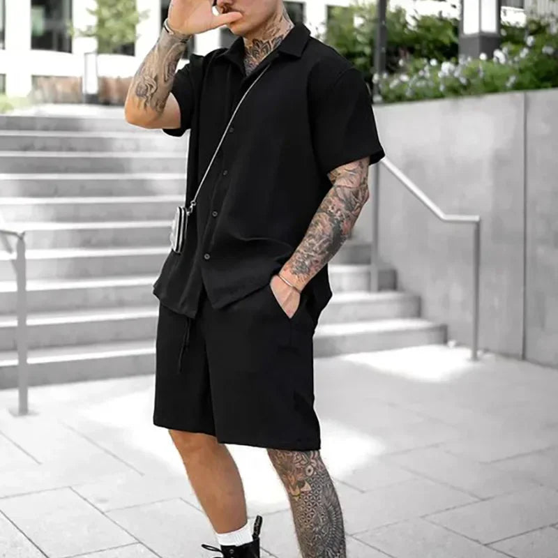 2024 Summer Solid Casual Losse Men's Sets Soft Single Breasted Shirts Shorts 2 Pieces Sets for Men Fashoin Polo Sweatpants Suit