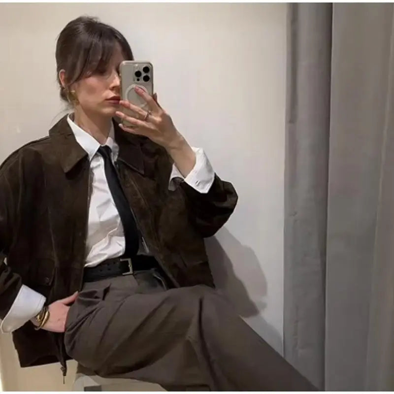 Fashion Brown Suede Bomber Jacket Women Elegant Zipper Lapel Long Sleeve Short Coats Female Vintage Street Chic Lady Outerwear
