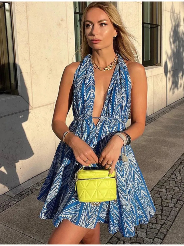 Sexy Halter Neck Beach Dresses For Women Printed Deep V-neck Backless Mini A-line Dress Chic Party Vacation Casual Lady Vestidos