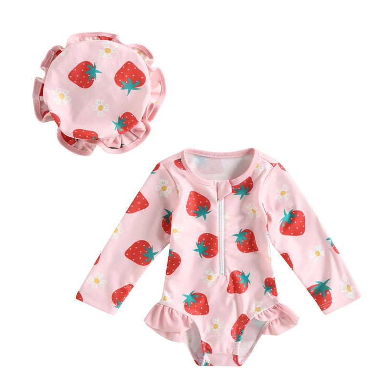 Toddler Infant Girls Swimsuit Cute Strawberry Floral Print Baby Girls Swimwear Summer Beachwear Children Bathing Suit Sun Hat