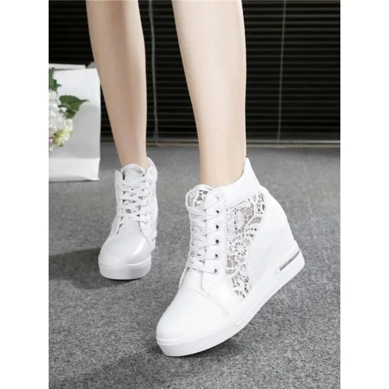 Women Wedge Platform Sneakers Rubber Leather High Heels Lace Up Shoes Pointed Toe Height Increasing Creepers White 2024