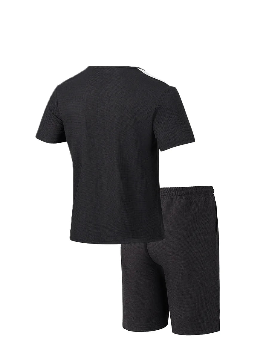 2025 summer men's new leisure fashion city wear rope round neck T trend Waffle short-sleeved shorts two-piece suit