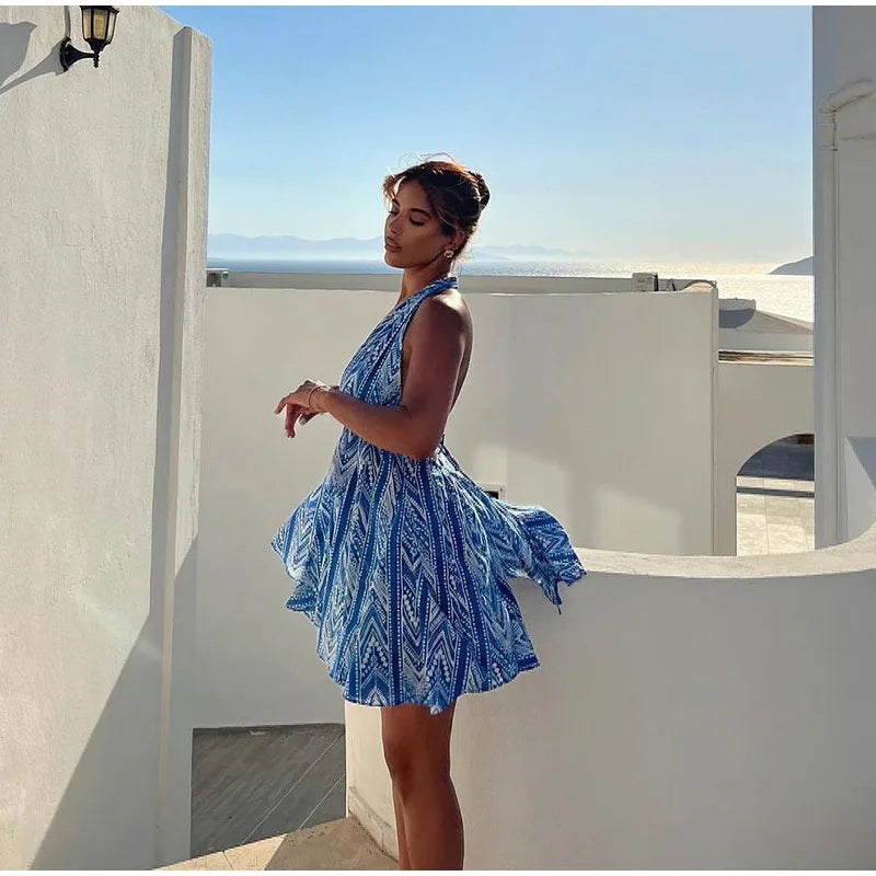 Sexy Halter Neck Beach Dresses For Women Printed Deep V-neck Backless Mini A-line Dress Chic Party Vacation Casual Lady Vestidos