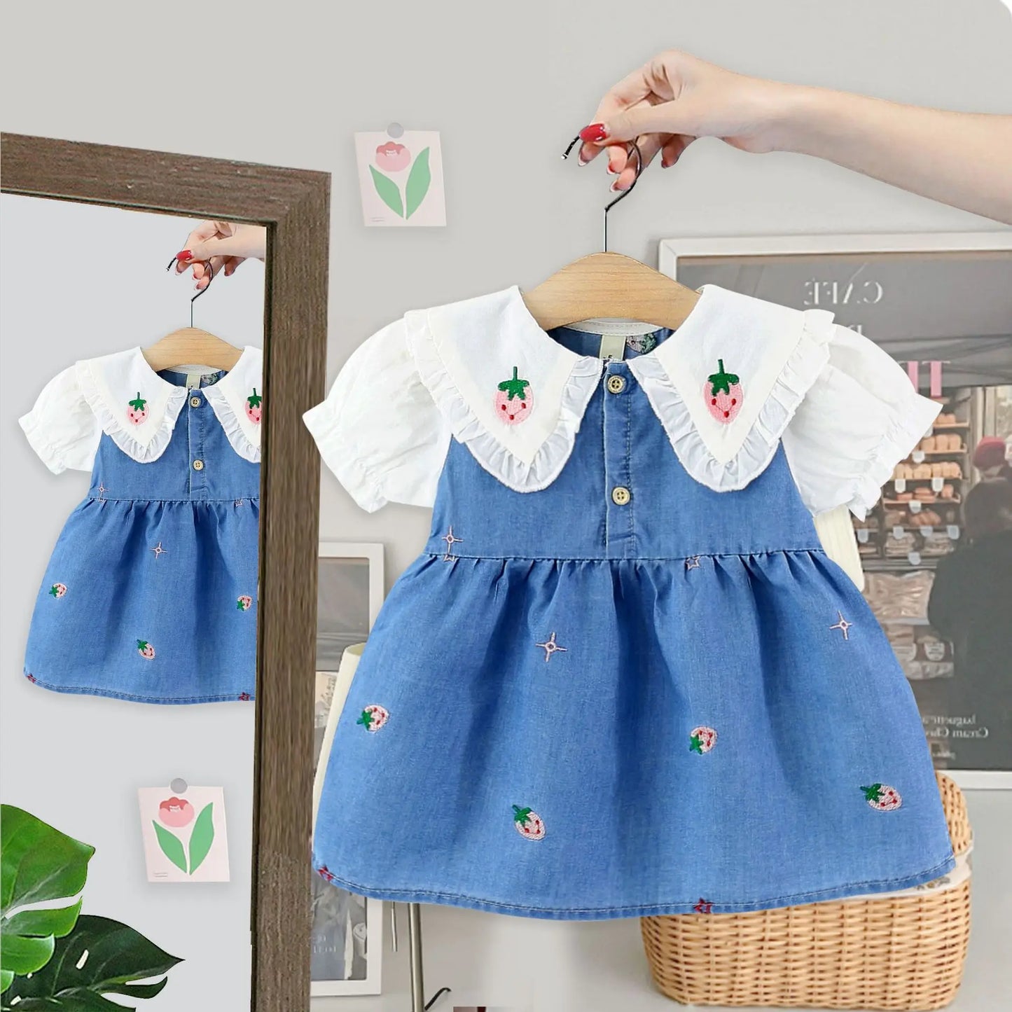 Summer baby clothes for newborn girls baby denim strawberry embroidered dress infant girl cloth 1st birthday party dresses dress