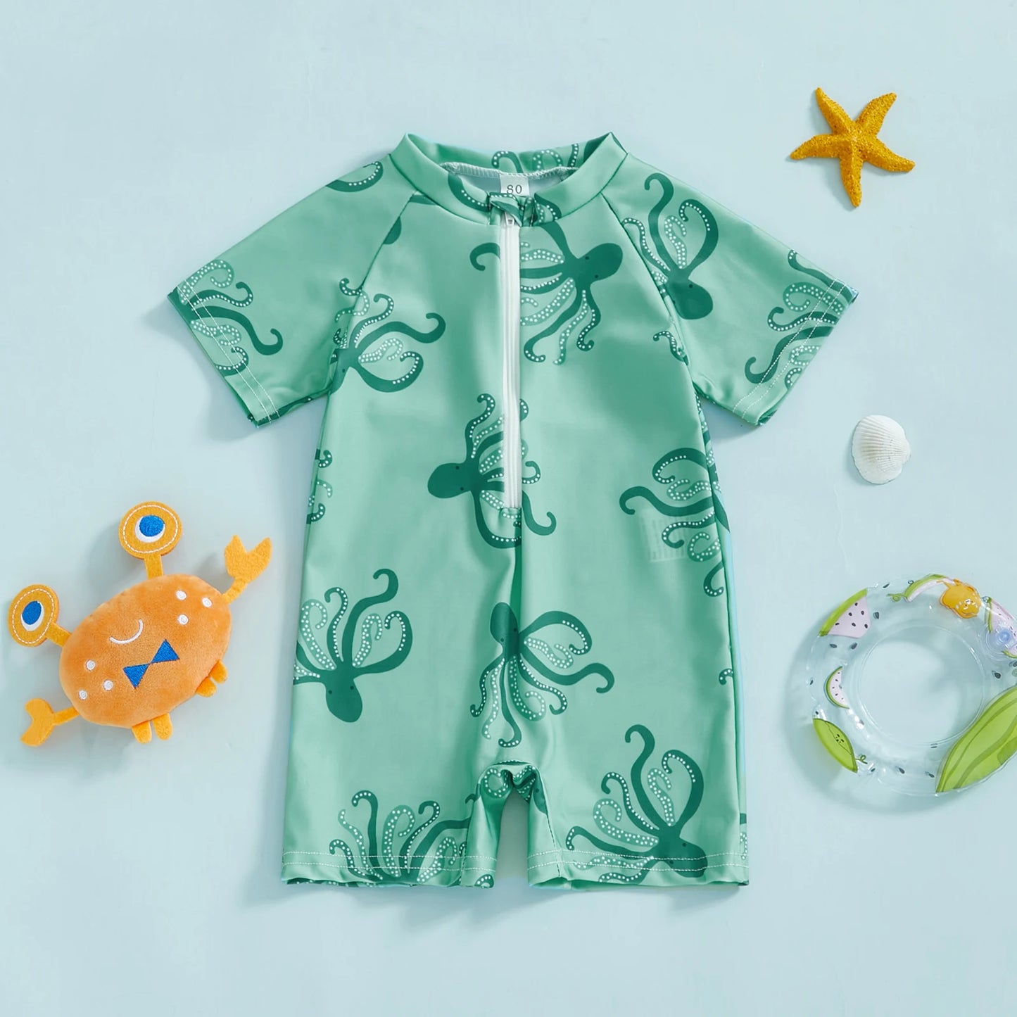 MISOWMNJOY Summer Children Boys Rash Guard Swimsuit Cute Octopus Print Zip Up Short Sleeve Baby Boys Swimwear Bathing Suit