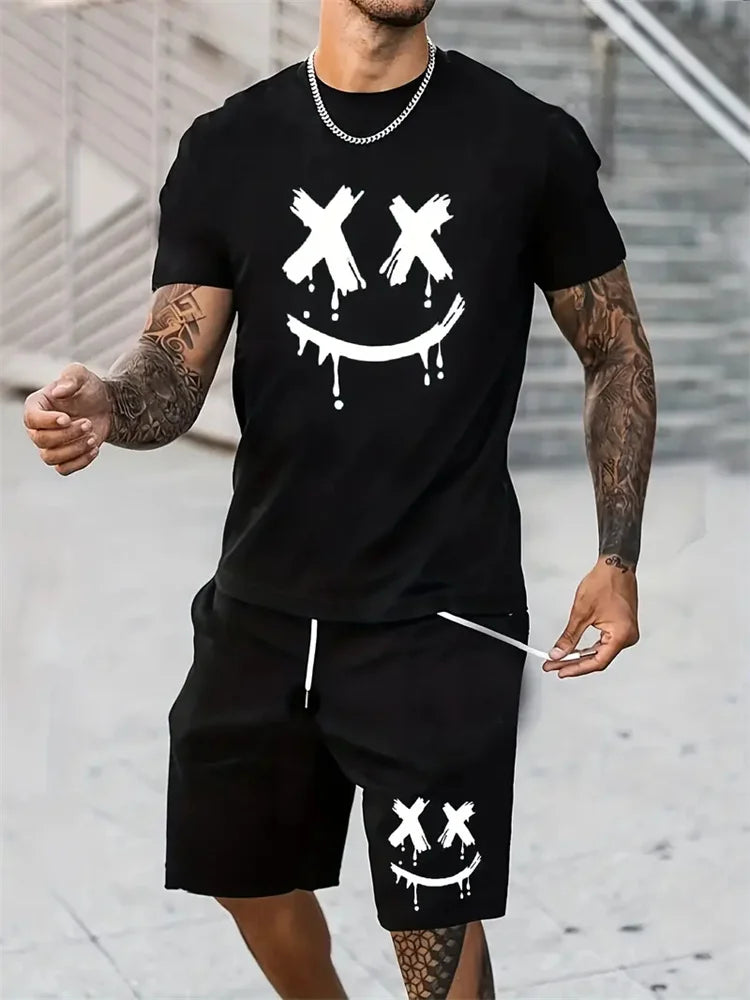 2025 Men's Fashion T-shirt Shorts Set Fun Printed Sportswear Two Piece Set Summer Oversized Men's Casual Hip Hop Street Wear M-3