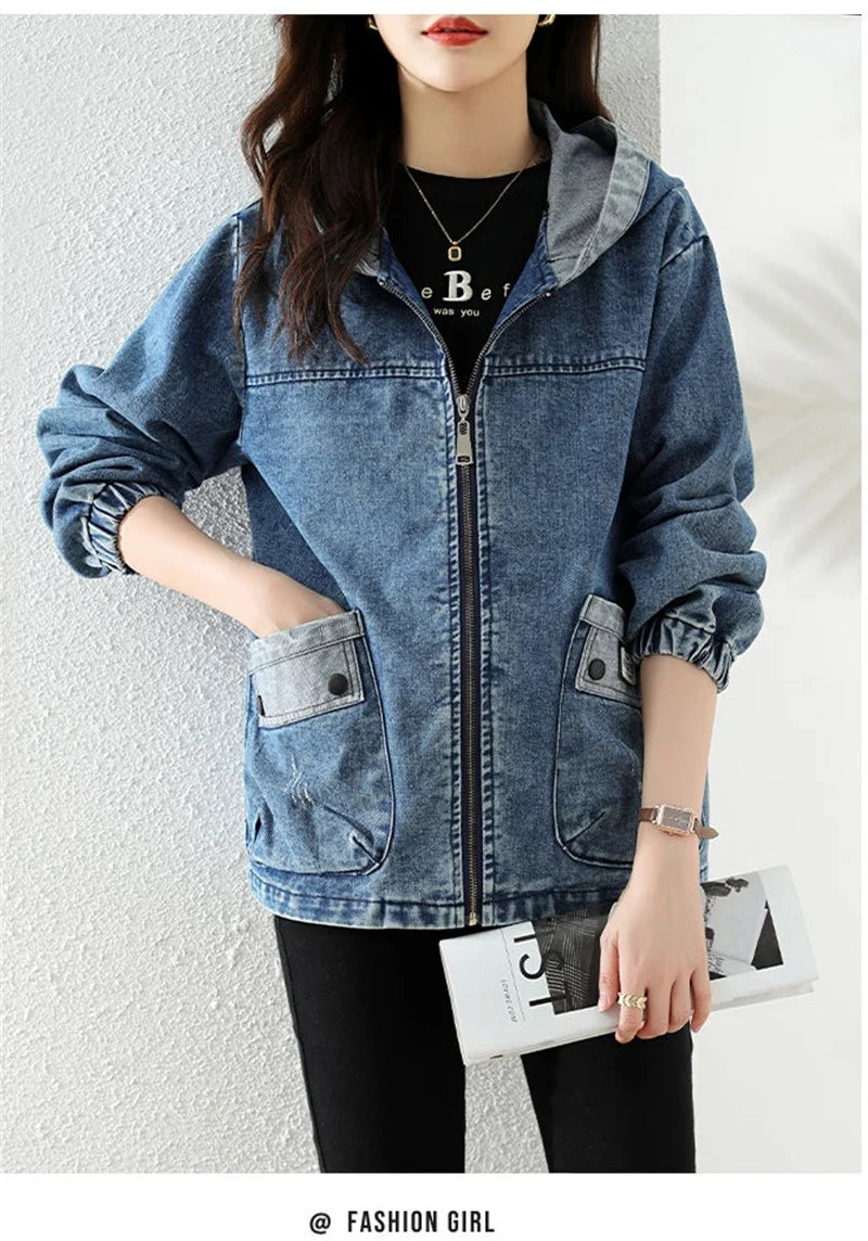 Women Denim Jacket New Spring Autumn Long Sleeve Tops Female Casual Hooded Jeans Jackets Women Big pocket Cowgirl Outerwear