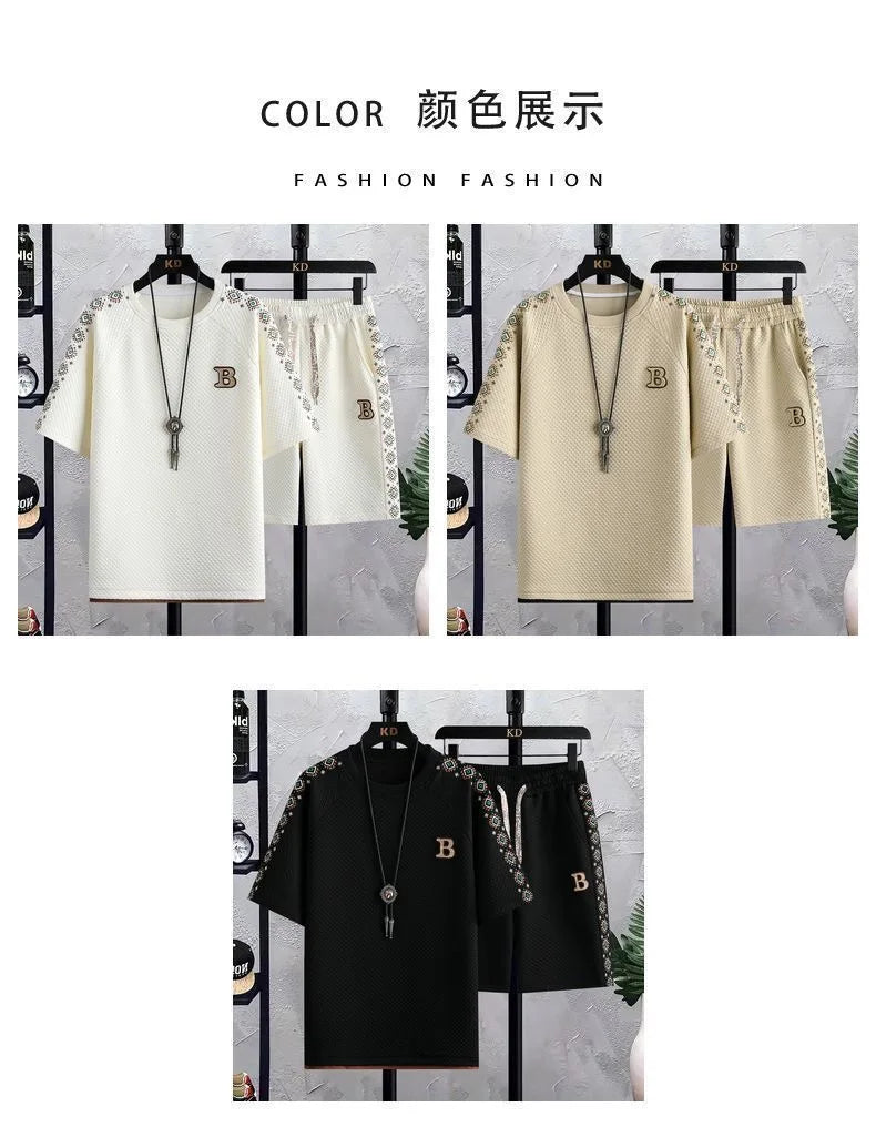 Summer New Fashion Trend Short Sleeve Shorts Ice Silk Suit Men Loose Sports Breathable Large Size High Quality Two-Piece Set