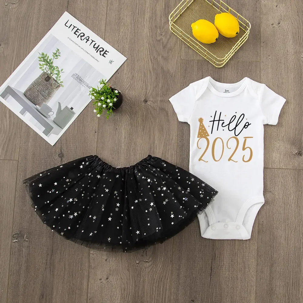 Hello 2025 Print 2 Piece Baby Girls Bodysuit Dress Set New Year Girl Short Sleeve Romper + Tutu Skirt Infant Dresses Set Outfit