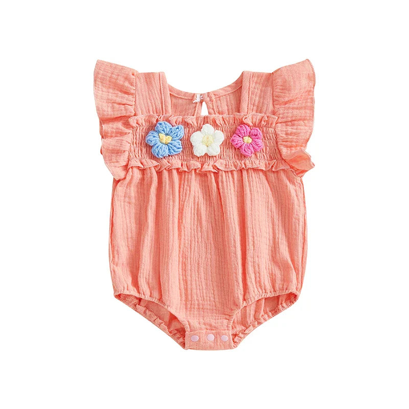 2025-01-02 Lioraitiin Baby Girl Romper Smocked Flower Embroidery Flying Sleeve Newborn Jumpsuit Perfect Summer