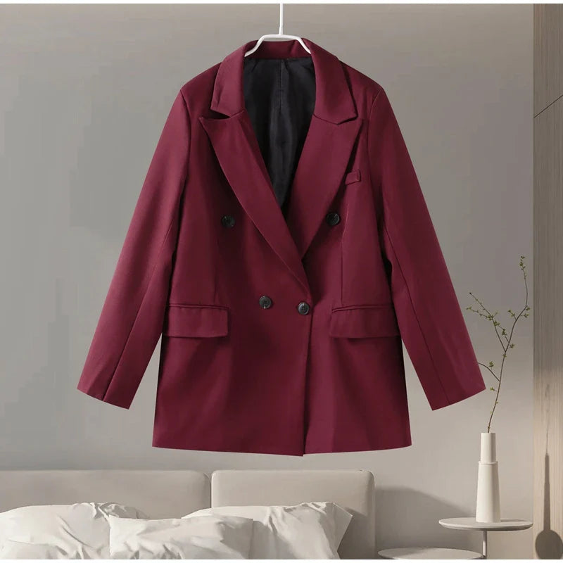 Vintage Women's Burgundy Blazers Elegant Lapel Double Breasted Pocket Full Sleeve Suit Jacket 2024 Autumn Lady Office Outwear