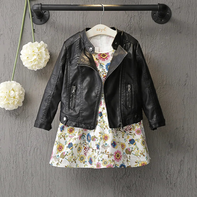 Fashion Boys Girls Leather Jacket Stand Collar Full Sleeve Zipper PU Coat Spring Autumn Black Outerwear Motorcycle Jacket