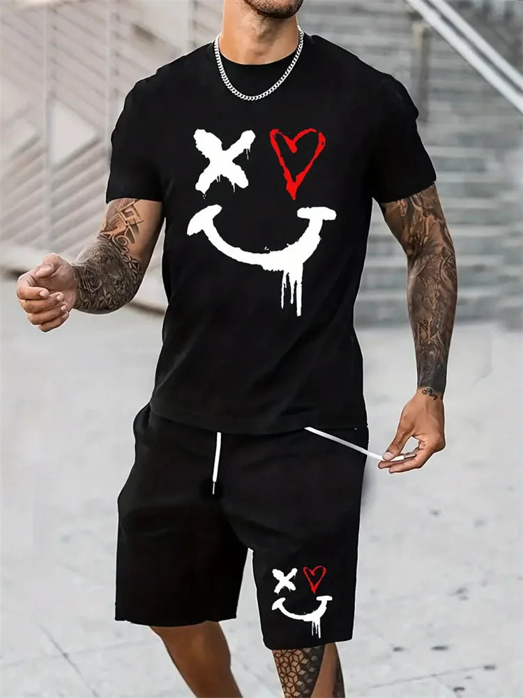 2025 Men's Fashion T-shirt Shorts Set Fun Printed Sportswear Two Piece Set Summer Oversized Men's Casual Hip Hop Street Wear M-3