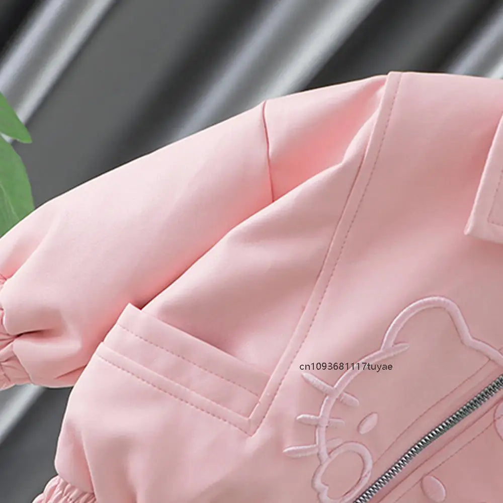 2025 Spring Hello Kitty Embroidery Toddler Girls Pu Leather Jackets Clothing Kawaii Zipper Jacket Outerwear Zipper Casual Coat