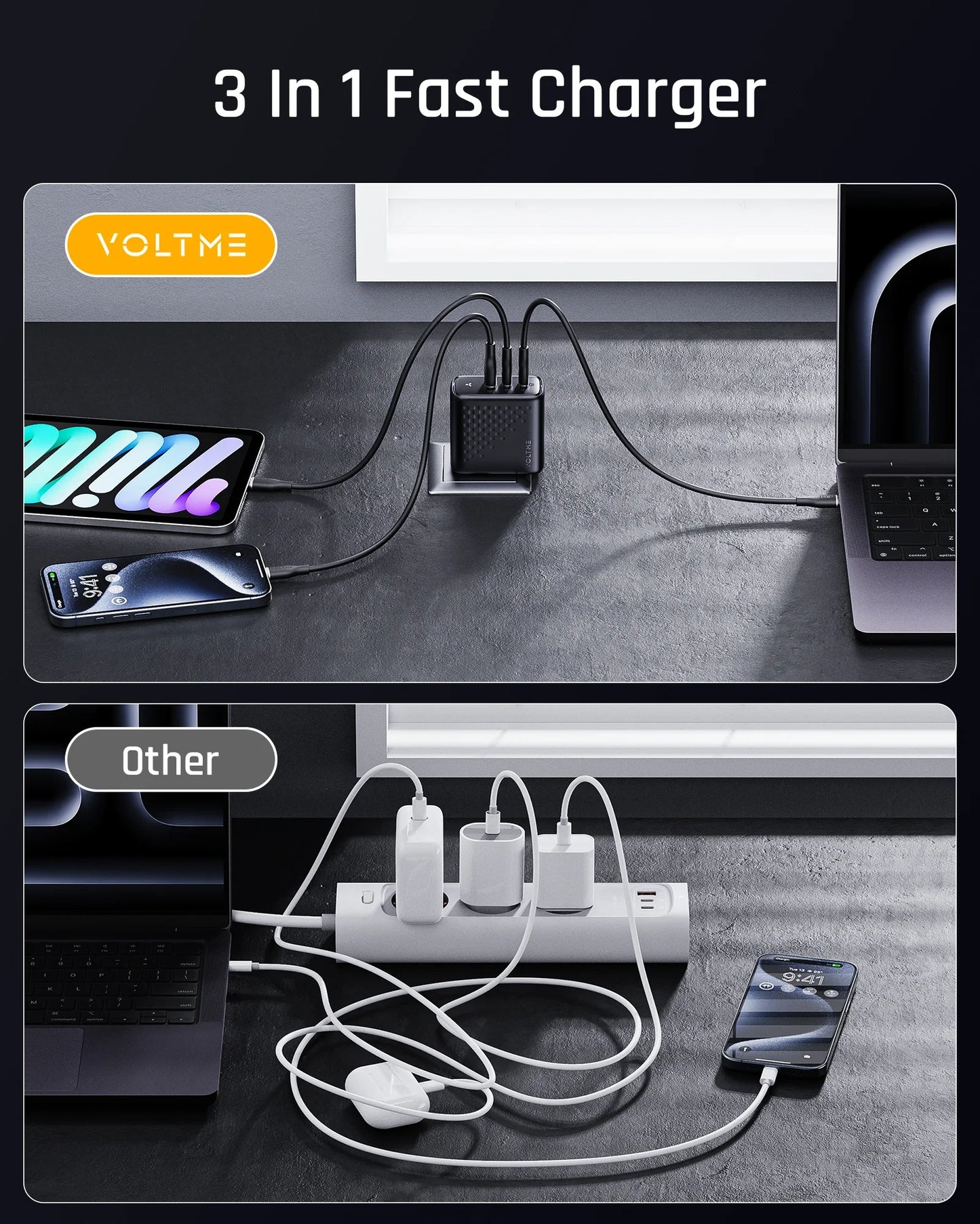 Зарядний пристрій VOLTME 100W GaN для Macbook, планшета, USB Type C, швидка зарядка для iPhone 15 14 13 12, Quick Charge 4.0 3.0