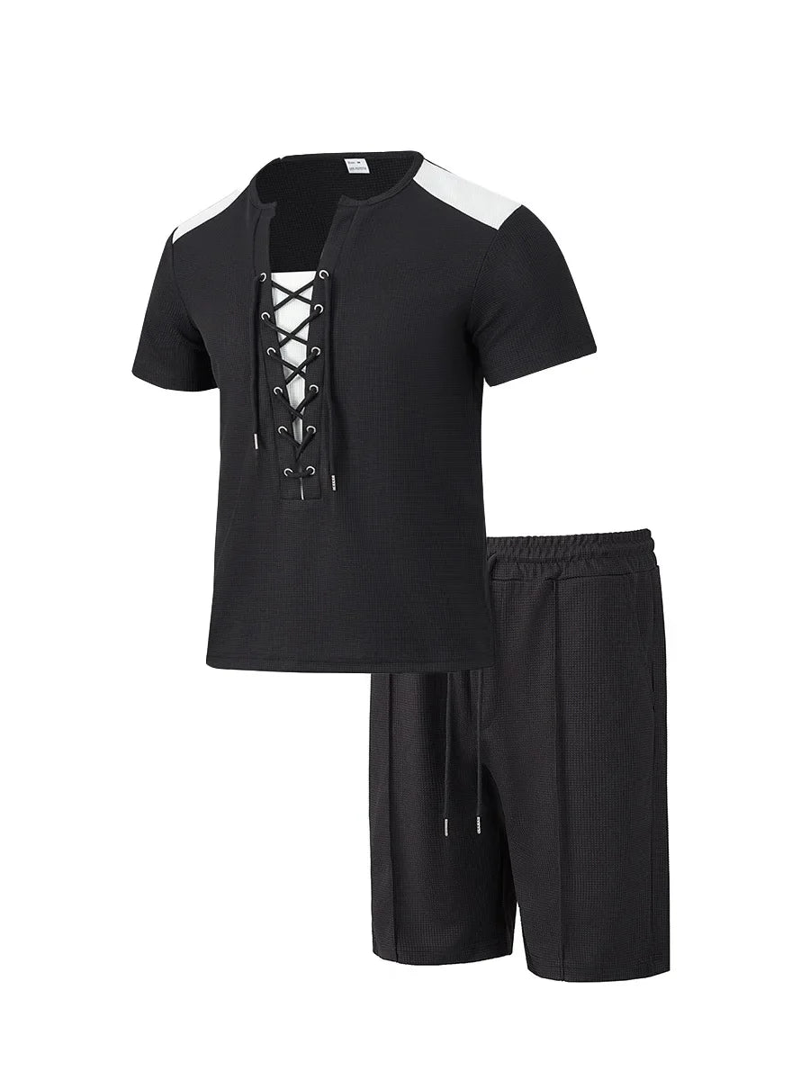 2025 summer men's new leisure fashion city wear rope round neck T trend Waffle short-sleeved shorts two-piece suit