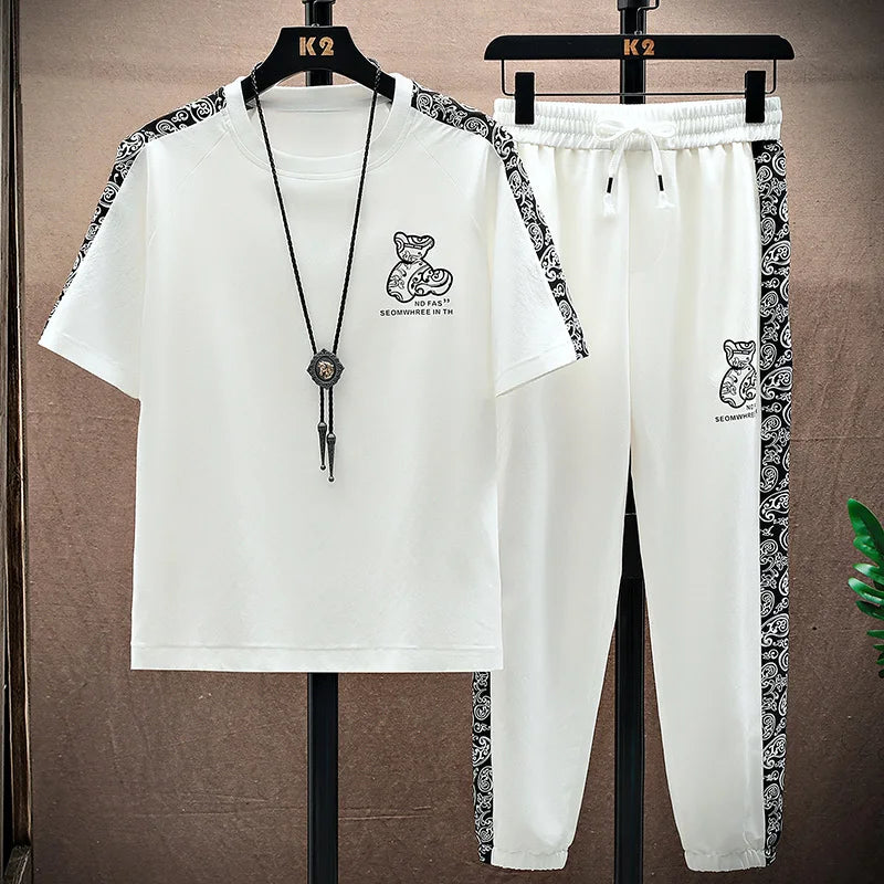 Summer Men's Trousers Tracksuit 2 Piece Set Fashion Tops Tees Ice silk Short Sleeve T Shirt+Pants Vintage Casual Sweatpants