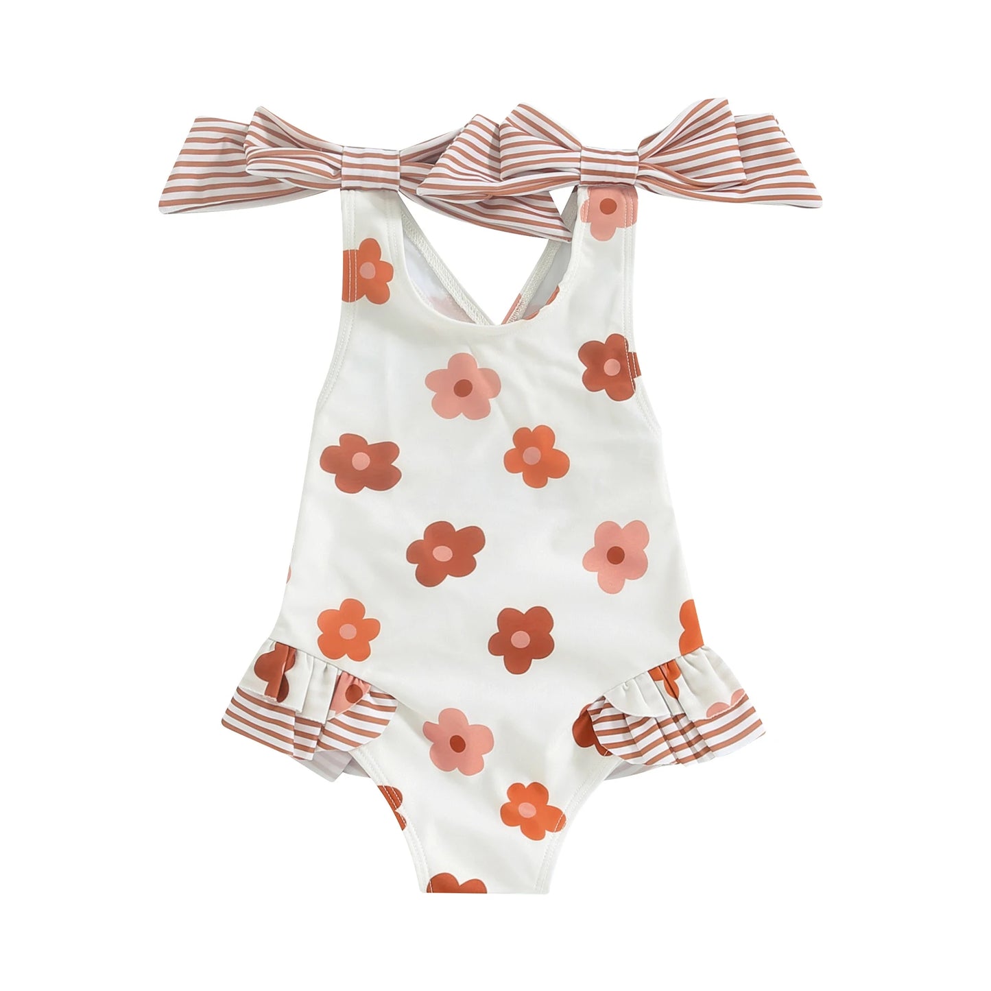 Tregren Kids Girls Swimsuit Floral Print Bowknot Shoulder Straps Swimwear Sleeveless Ruffles Monokini Summer Beach Bathing Suits