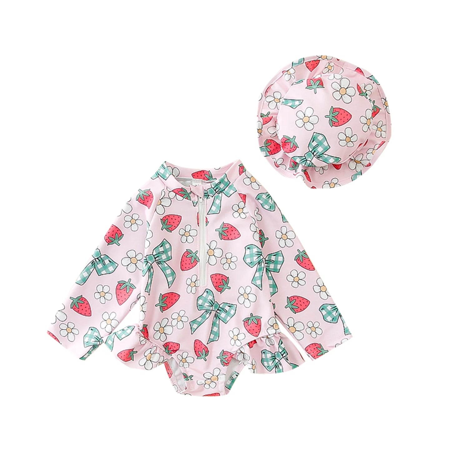 Toddler Girls Long Sleeve Rash Guard Swimsuits with Sun Hat Sets Bow Pattern Zip Up Swimwear Infant Baby Beach Bathing Suits