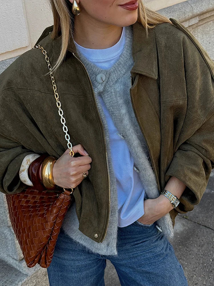 Fashion Brown Suede Bomber Jacket Women Elegant Zipper Lapel Long Sleeve Short Coats Female Vintage Street Chic Lady Outerwear